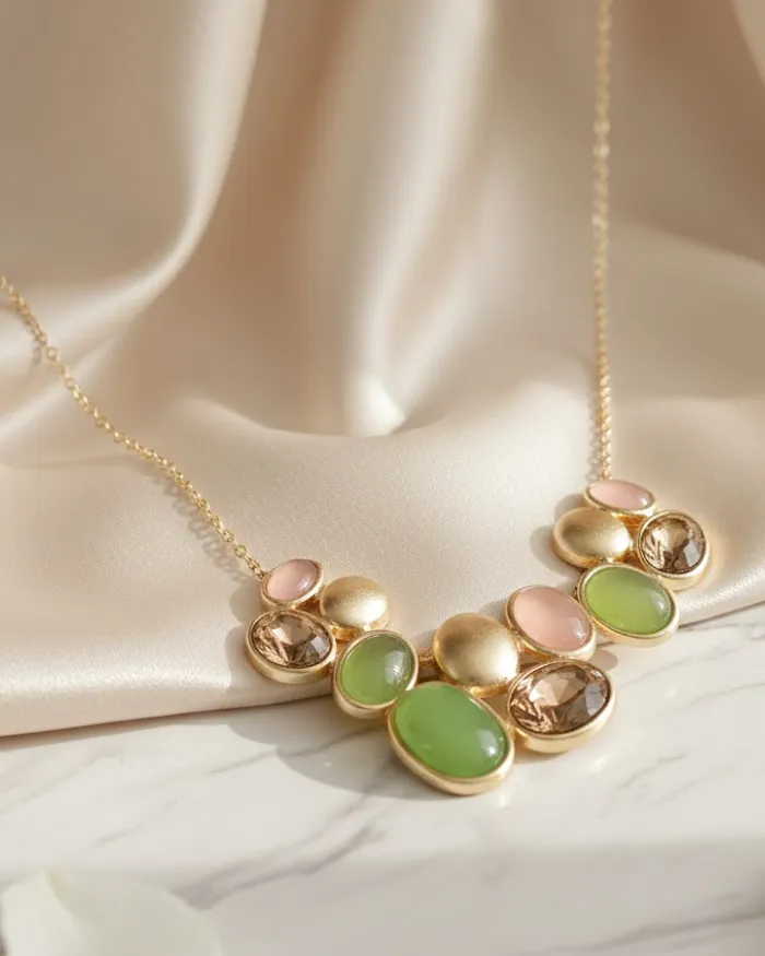 Necklace with green stones on satin