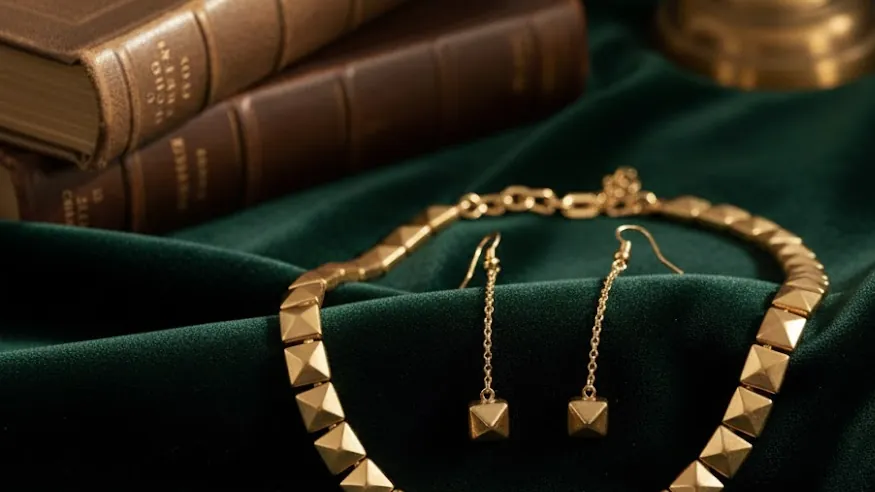 Greday gold chain necklace and earrings on green velvet